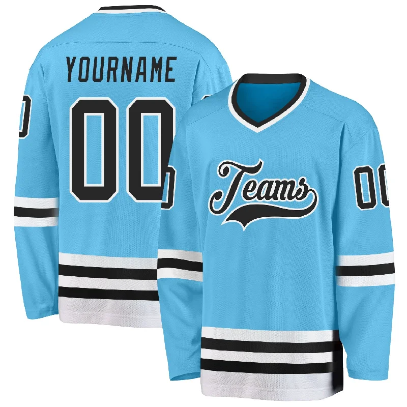 Durable Polyester Hockey Jerseys for Everyday Use-Custom Sky Blue Black-White Hockey Jersey