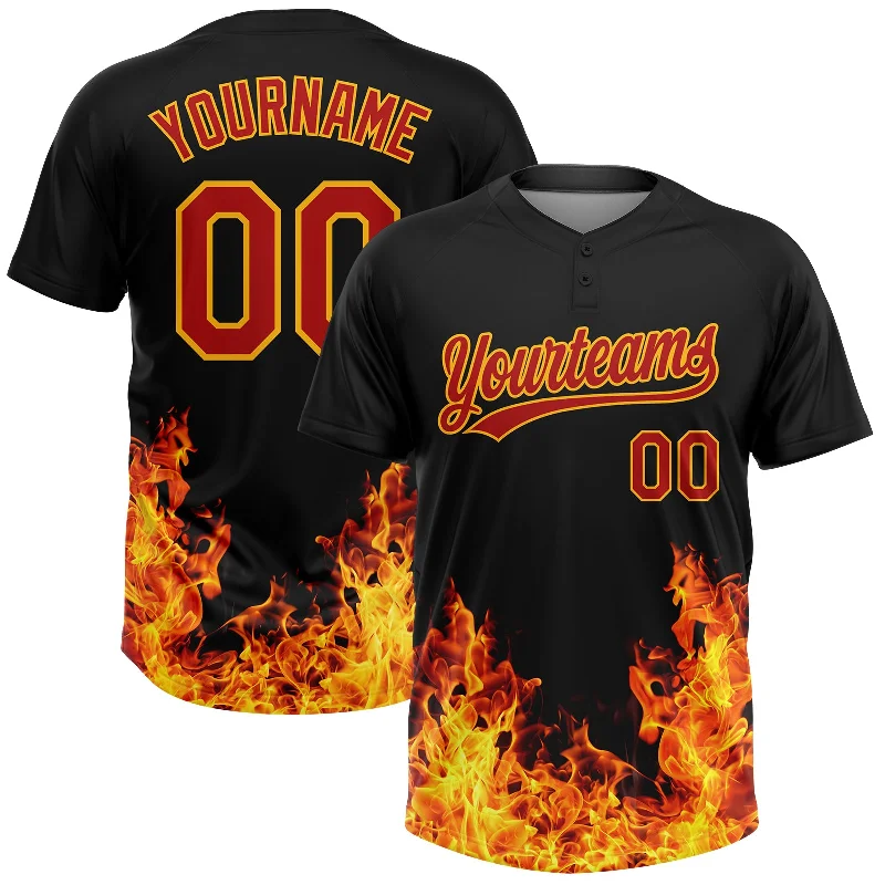 Custom Softball Jerseys with Player Number-Custom Black Red-Gold 3D Pattern Design Flame Two-Button Unisex Softball Jersey