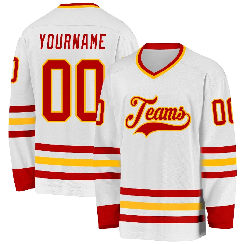 Youth Ice Hockey Jerseys for Kids-Custom White Red-Gold Hockey Jersey