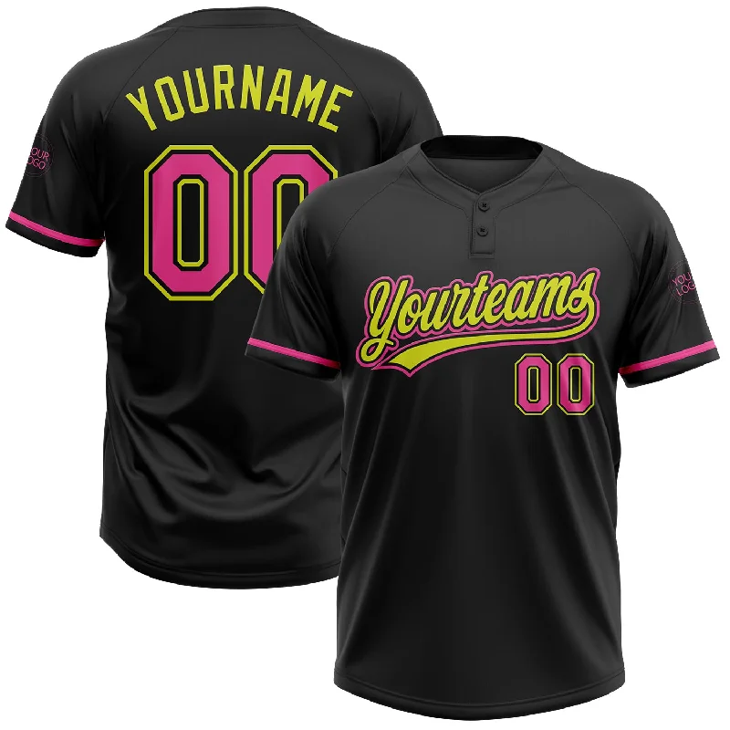 Softball Jerseys with Stylish Sleeves for Fashionable Look-Custom Black Pink-Neon Yellow Two-Button Unisex Softball Jersey