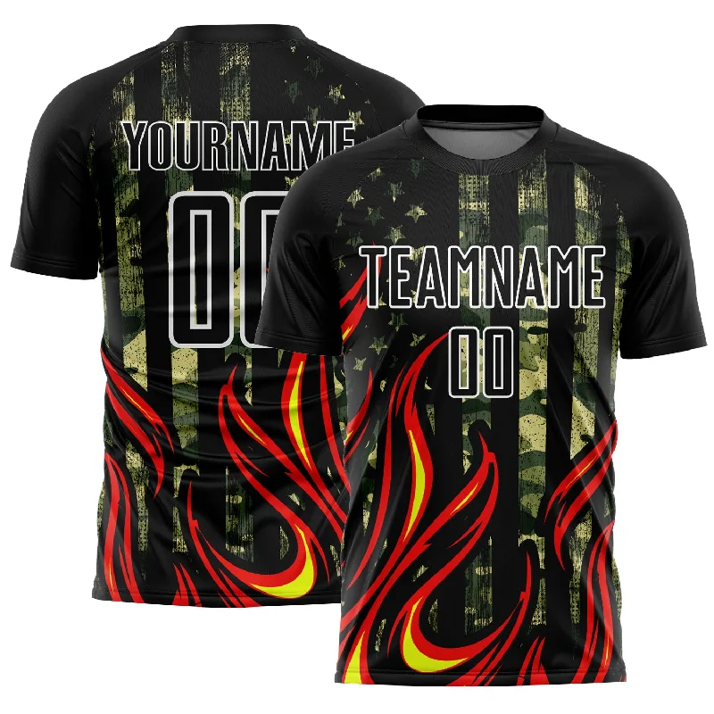 Soccer Jerseys with Tight-Fit Sleeves for Streamlined Look-Custom Camo Black Red-Gold Flame Sublimation Salute To Service Soccer Uniform Jersey