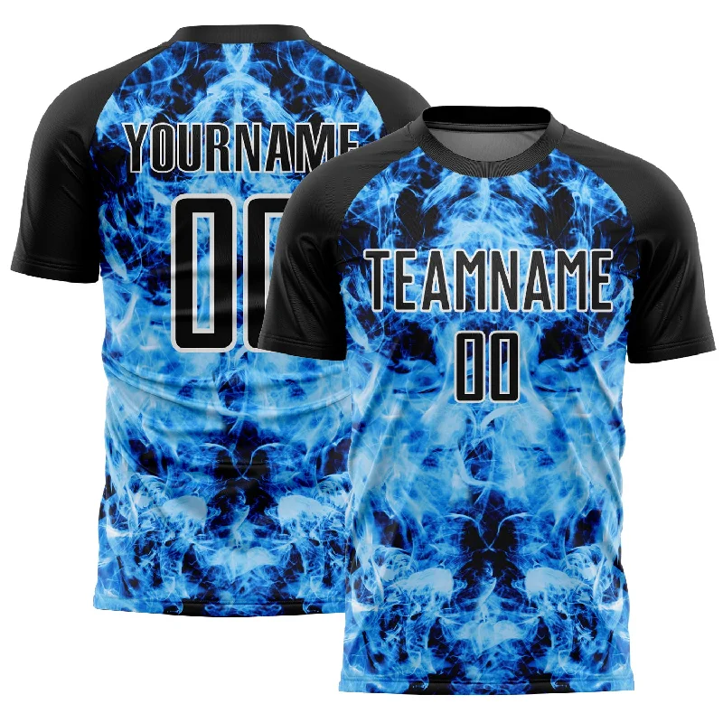 Soccer Jerseys with All-Over Stretch for Easy Movement-Custom Black Sky Blue-White Flame Sublimation Soccer Uniform Jersey