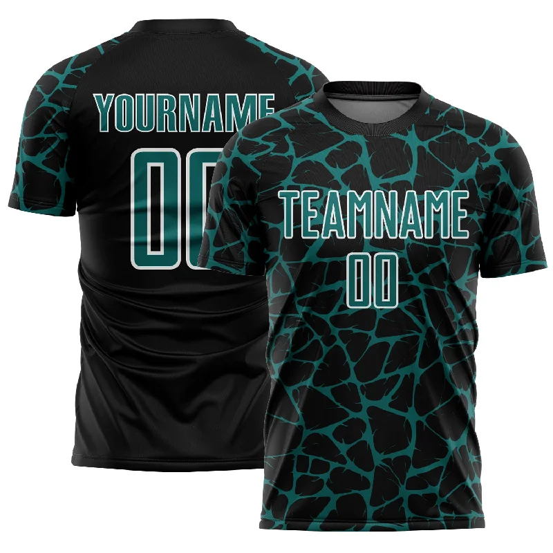 Custom Soccer Jerseys for Teams-Custom Black Teal-White Abstract Network Splash Sublimation Soccer Uniform Jersey