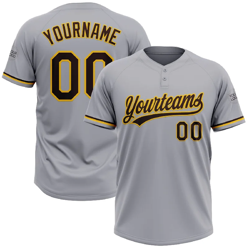 High-Durability Softball Jerseys for Intensive Play-Custom Gray Brown-Yellow Two-Button Unisex Softball Jersey