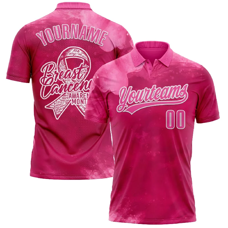 Performance Polo Shirts for Golf Enthusiasts-Custom Hot Pink Pink-White 3D Pink Ribbon Breast Cancer Awareness Month Women Health Care Support Performance Polo Shirt