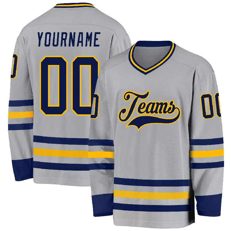 Long-Sleeve Hockey Jerseys for Extra Warmth-Custom Gray Navy-Gold Hockey Jersey