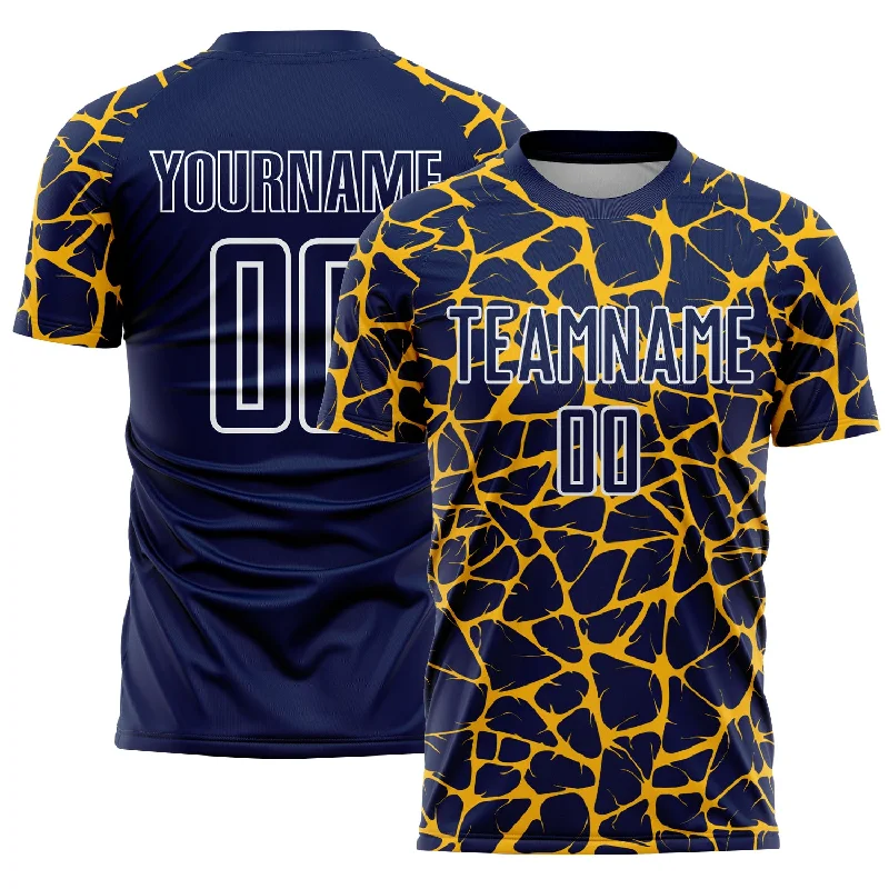 Soccer Jerseys with Padded Shoulders for Extra Protection-Custom Navy Gold-White Abstract Network Splash Sublimation Soccer Uniform Jersey