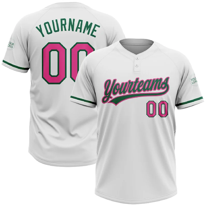 Softball Jerseys for Youth Leagues and Schools-Custom White Pink-Kelly Green Two-Button Unisex Softball Jersey