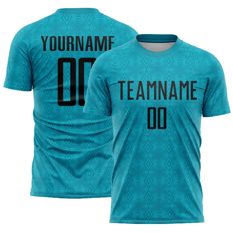 Soccer Jerseys with Raglan Sleeves for Mobility-Custom Teal Black Geometric Shapes Sublimation Soccer Uniform Jersey