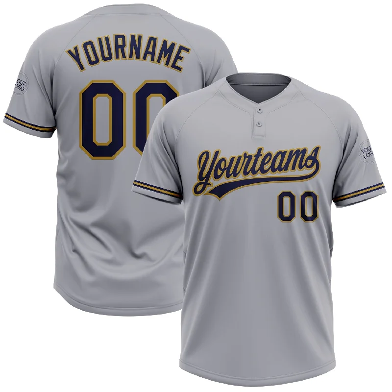 Softball Jerseys with Custom Logo Embroidery-Custom Gray Navy-Old Gold Two-Button Unisex Softball Jersey