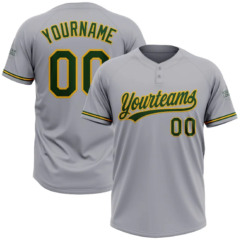 Affordable Softball Jerseys for Recreational Players-Custom Gray Green-Gold Two-Button Unisex Softball Jersey