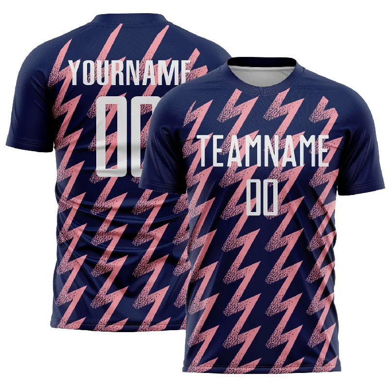 Soccer Jerseys with High-Performance Fabrics for Serious Athletes-Custom Navy White-Medium Pink Zigzag Shape Sublimation Soccer Uniform Jersey