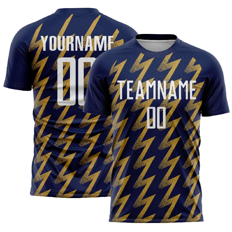 Soccer Jerseys with Anti-Wrinkle Fabric for Easy Maintenance-Custom Navy White-Old Gold Zigzag Shape Sublimation Soccer Uniform Jersey