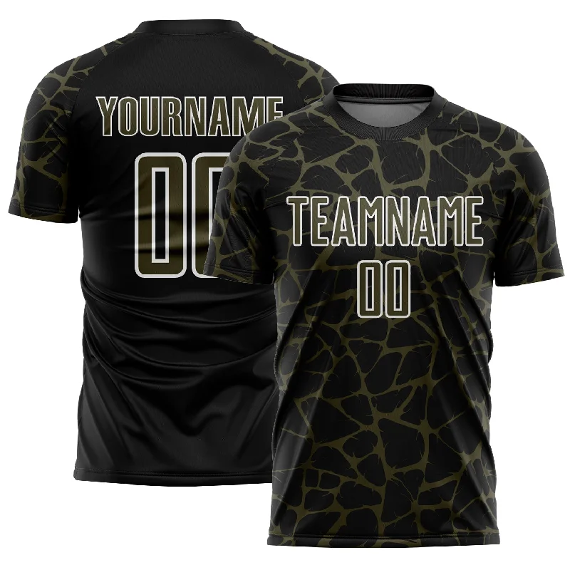 Soccer Jerseys with Embroidered Logos for Premium Look-Custom Black Olive-White Abstract Network Splash Sublimation Soccer Uniform Jersey