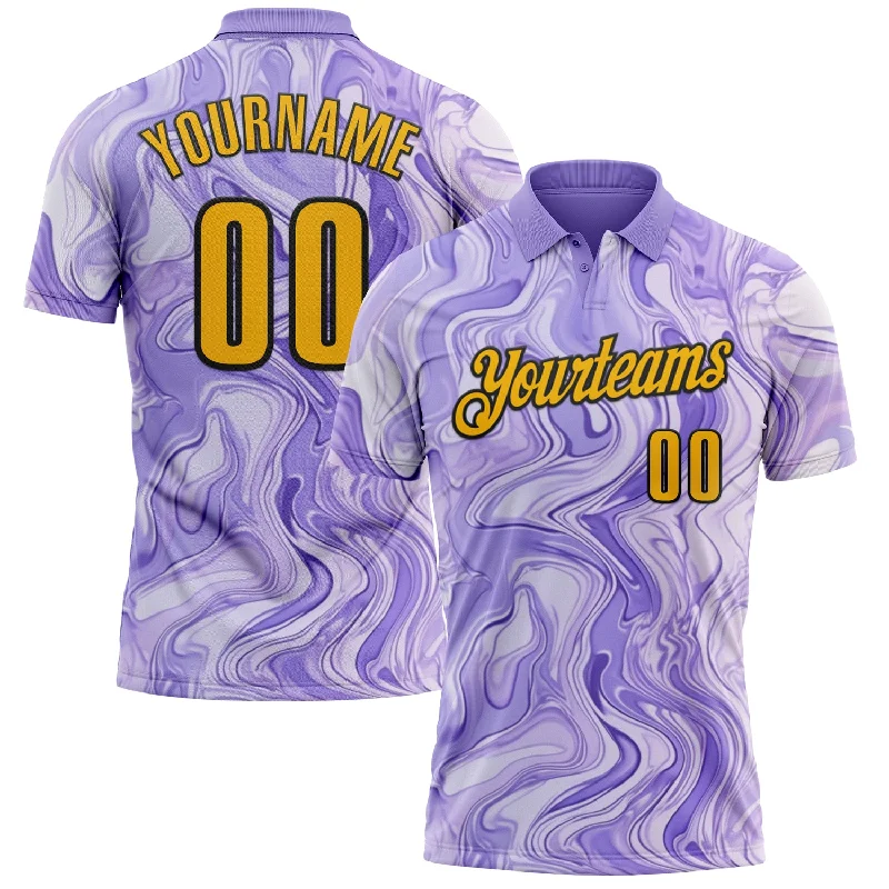 Fitted Golf Polo Shirts for Sleek Silhouette-Custom Purple Gold-Black 3D Bowling Abstract Liquid Performance Polo Shirt