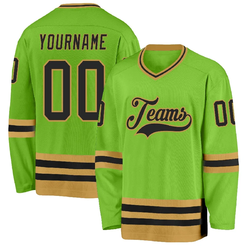 Custom Hockey Jerseys with Player Numbers-Custom Neon Green Black-Old Gold Hockey Jersey