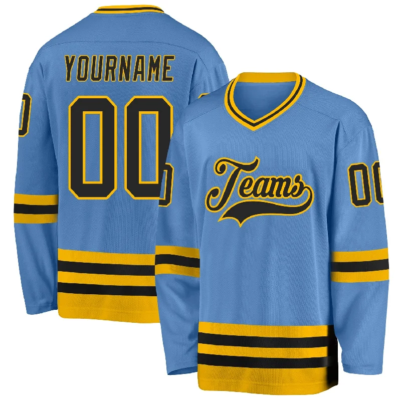 Professional Custom Hockey Jerseys for Tournament Teams-Custom Light Blue Black-Gold Hockey Jersey