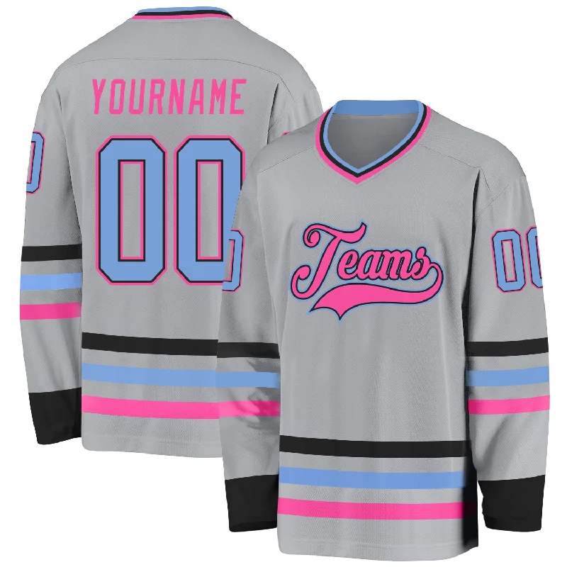 Performance-Fit Hockey Jerseys for Fast Play-Custom Gray Light Blue Black-Pink Hockey Jersey