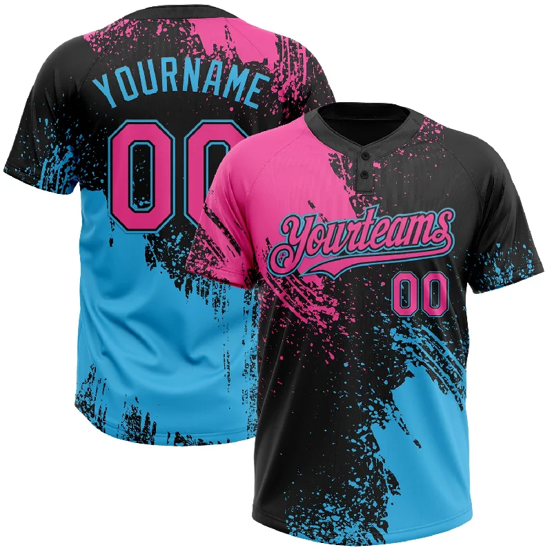 Softball Jerseys with Soft Touch Fabric for Smooth Feel-Custom Black Pink-Sky Blue 3D Pattern Abstract Brush Stroke Two-Button Unisex Softball Jersey