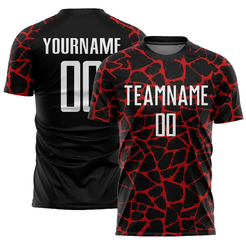 Soccer Jerseys with Elastic Waistband for Secure Fit-Custom Black White-Red Abstract Network Splash Sublimation Soccer Uniform Jersey