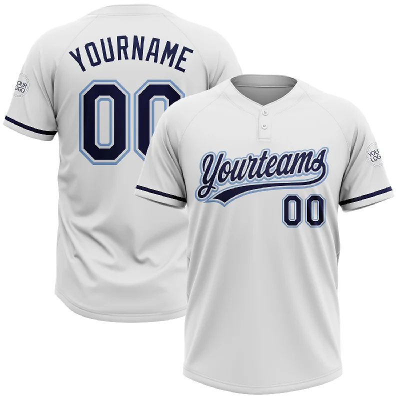 Softball Jerseys with Mesh Panels for Breathability-Custom White Navy-Light Blue Two-Button Unisex Softball Jersey