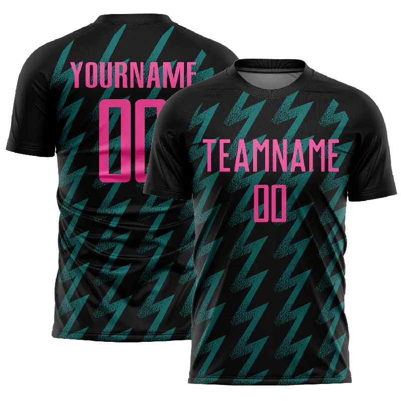 Custom Soccer Jerseys for Teams-Custom Black Pink-Teal Zigzag Shape Sublimation Soccer Uniform Jersey