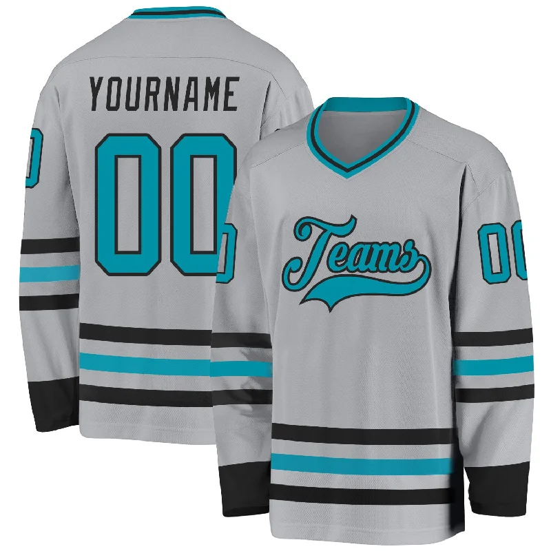 Full-Sleeve Hockey Jerseys for Extra Protection-Custom Gray Teal-Black Hockey Jersey