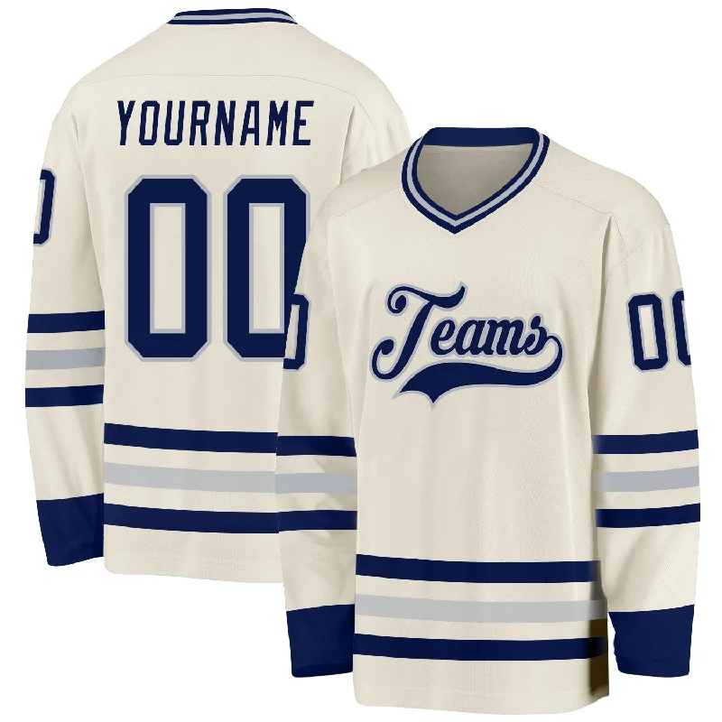 Premium Quality Hockey Jerseys for Adults-Custom Cream Navy-Gray Hockey Jersey