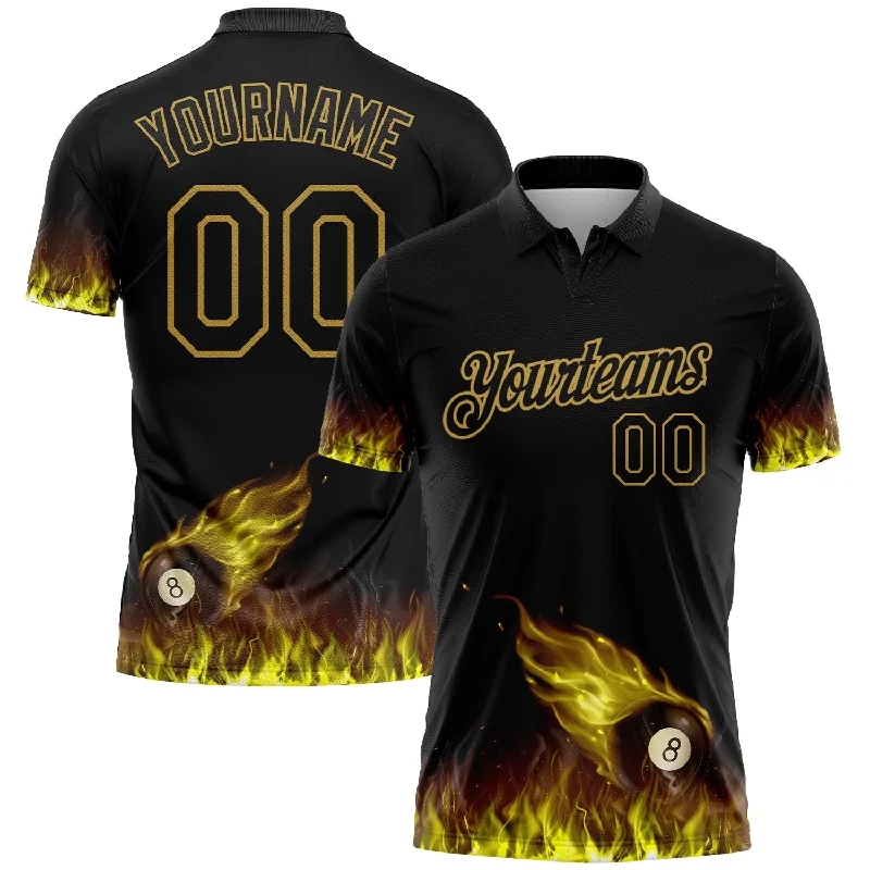 Luxury Golf Polo Shirts for High-End Players-Custom Black Old Gold 3D Pattern Design Flame Billiards 8 Ball Performance Polo Shirt