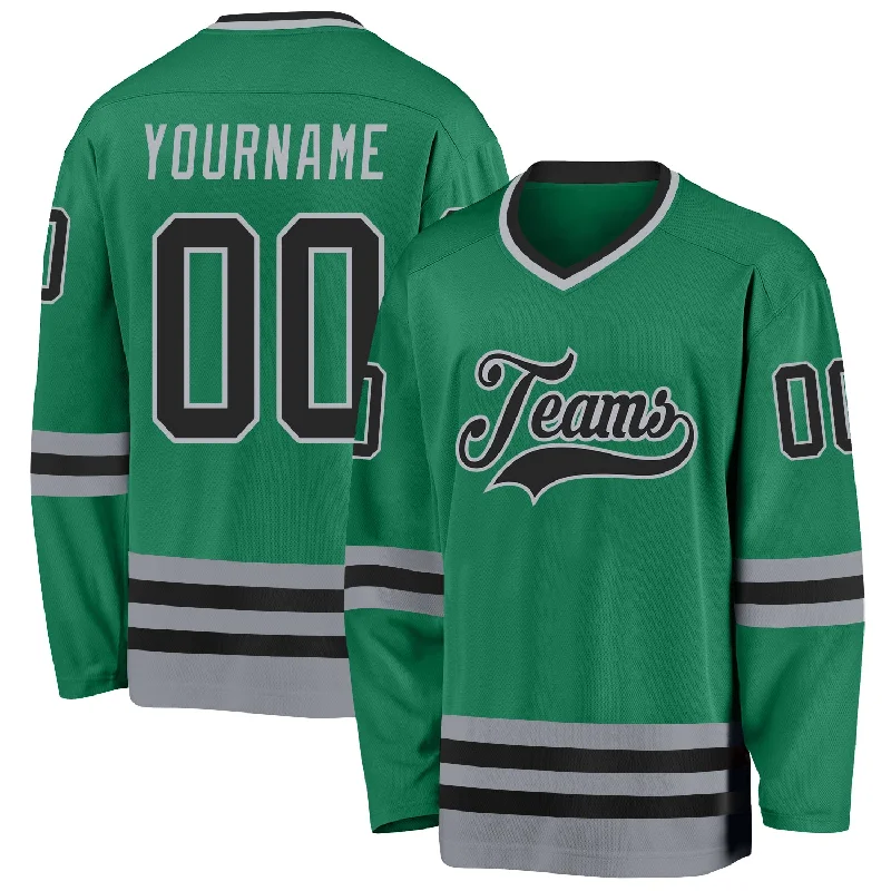 Durable Polyester Hockey Jerseys for Everyday Use-Custom Kelly Green Black-Gray Hockey Jersey