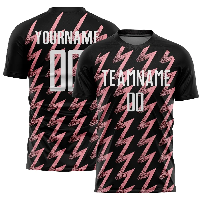 Soccer Jerseys with Zippered Neck for Versatility-Custom Black White-Medium Pink Zigzag Shape Sublimation Soccer Uniform Jersey