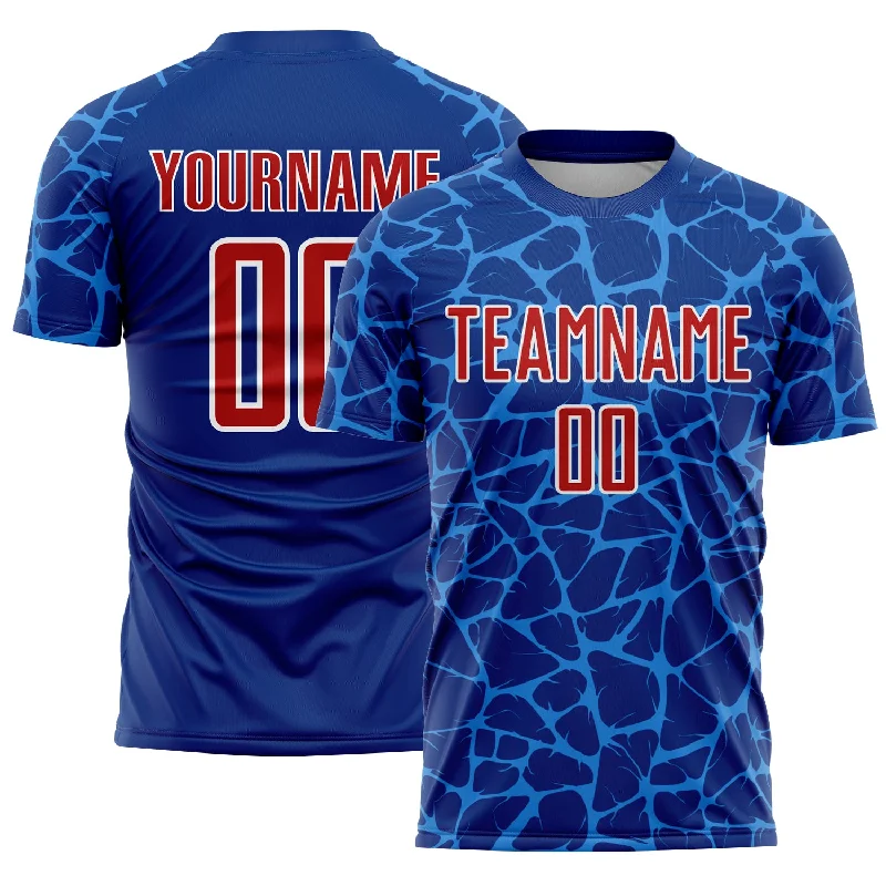 Soccer Jerseys with Soft and Stretchable Fabric for All-Day Comfort-Custom Royal Red-Powder Blue Abstract Network Splash Sublimation Soccer Uniform Jersey