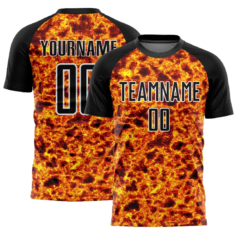 Soccer Jerseys with Slim Fit for Modern Look-Custom Black Gold-White Flame Sublimation Soccer Uniform Jersey