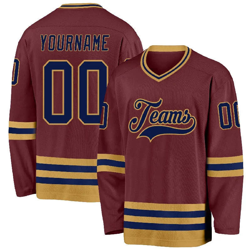 Premium Quality Hockey Jerseys for Adults-Custom Burgundy Navy-Old Gold Hockey Jersey