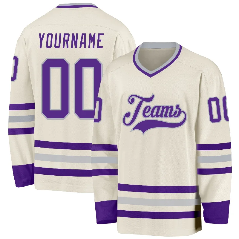 Youth Hockey Jerseys for Junior Players-Custom Cream Purple-Gray Hockey Jersey