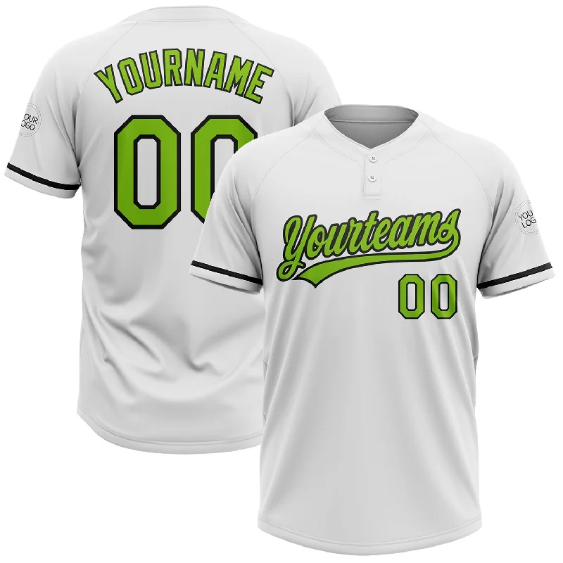 Long-Sleeve Softball Jerseys for Cooler Weather-Custom White Neon Green-Black Two-Button Unisex Softball Jersey