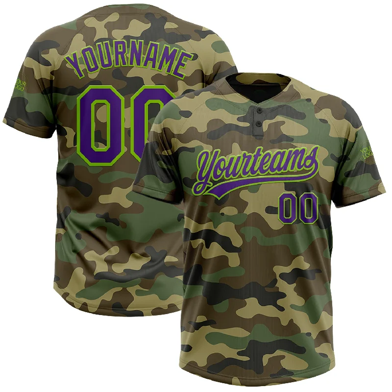 Team Softball Jerseys with Matching Colors-Custom Camo Purple-Neon Green Salute To Service Two-Button Unisex Softball Jersey