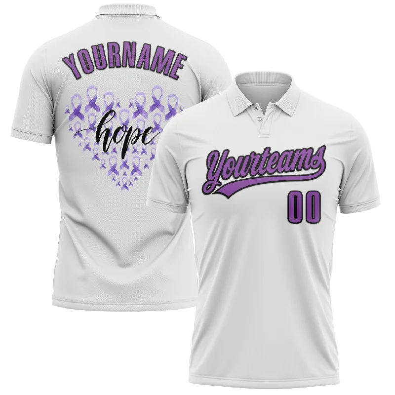 Personalized Golf Polo Shirts with Custom Embroidery-Custom White Medium Purple-Black 3D World Cancer Day Heart Ribbon Hope Performance Polo Shirt