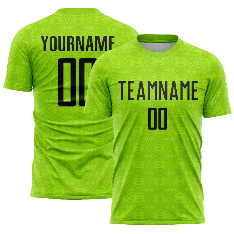 Soccer Jerseys with Tapered Sleeves for Stylish Fit-Custom Neon Green Black Geometric Shapes Sublimation Soccer Uniform Jersey