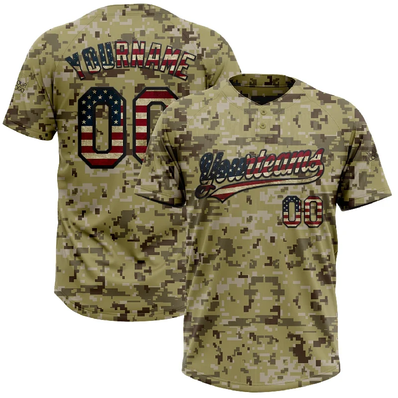 Softball Jerseys with Bold Color Contrast for Style-Custom Camo Vintage USA Flag-Black Salute To Service Two-Button Unisex Softball Jersey