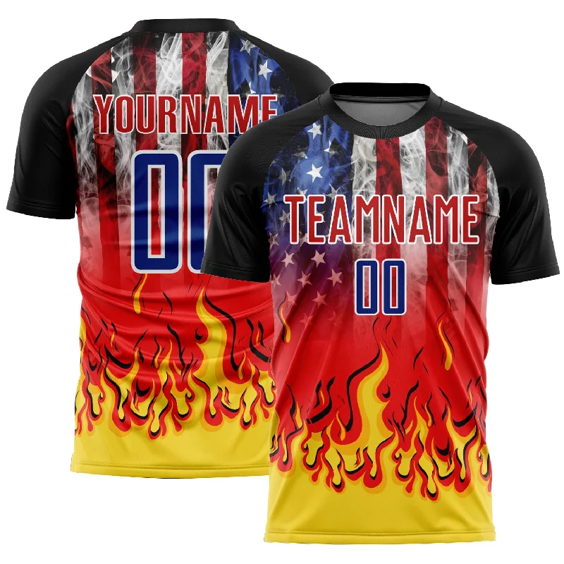 Soccer Jerseys with Classic Stripes for Vintage Feel-Custom Black Royal Red-Gold American Flag Flame Sublimation Soccer Uniform Jersey