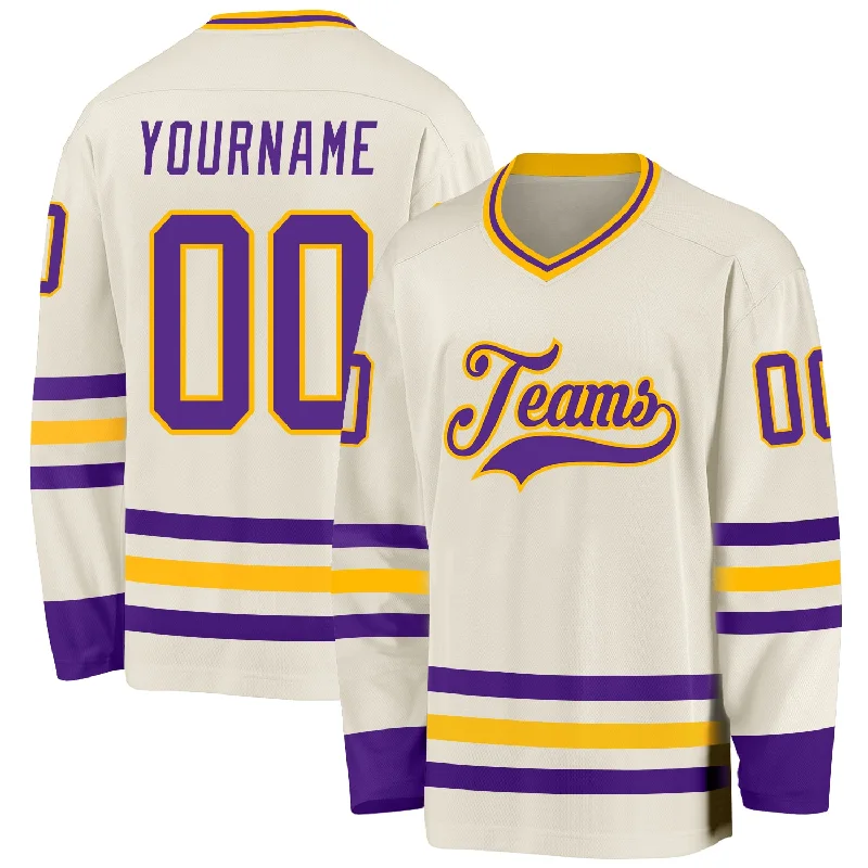 Ice Hockey Jerseys with Embossed Logos for Style-Custom Cream Purple-Gold Hockey Jersey