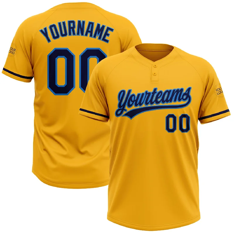 Softball Jerseys with Heat-Sealed Logos for Clean Finish-Custom Gold Navy-Electric Blue Two-Button Unisex Softball Jersey