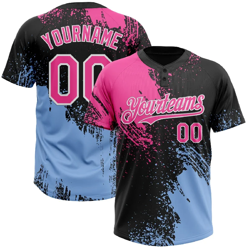 Youth Softball Jerseys for Junior Teams-Custom Black Pink-Light Blue 3D Pattern Abstract Brush Stroke Two-Button Unisex Softball Jersey