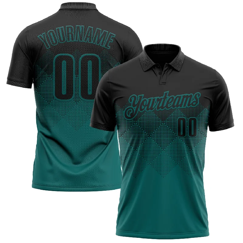 Custom Golf Polo Shirts for Fundraisers and Charities-Custom Black Teal 3D Pattern Design Gradient Square Shape Performance Polo Shirt