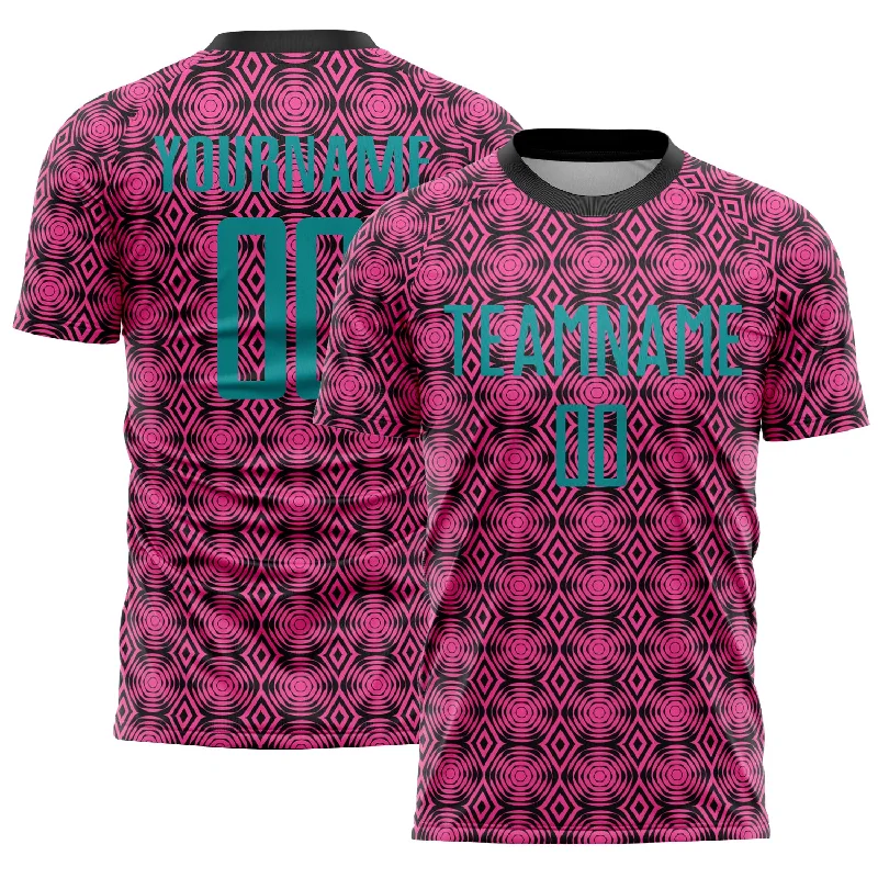 Soccer Jerseys with Quick-Release Zippers for Easy Removal-Custom Pink Teal-Black Geometric Shapes Sublimation Soccer Uniform Jersey