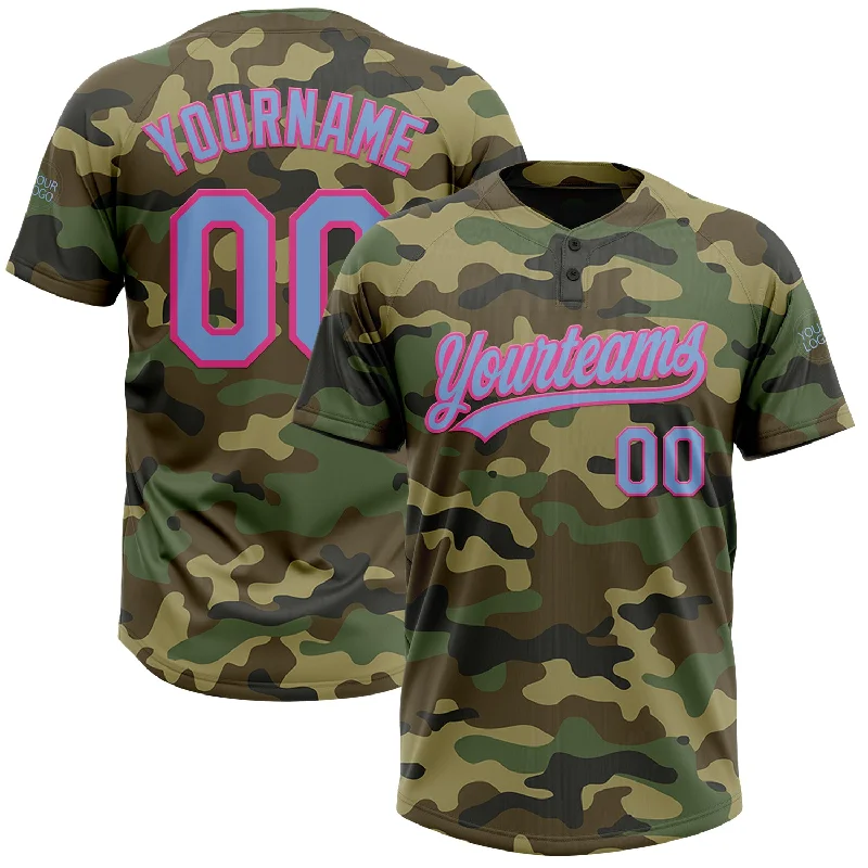 Softball Jerseys with Custom Names and Numbers-Custom Camo Light Blue-Pink Salute To Service Two-Button Unisex Softball Jersey