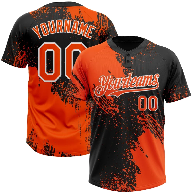 Customizable Softball Jerseys for Schools and Leagues-Custom Orange Black-White 3D Pattern Abstract Brush Stroke Two-Button Unisex Softball Jersey