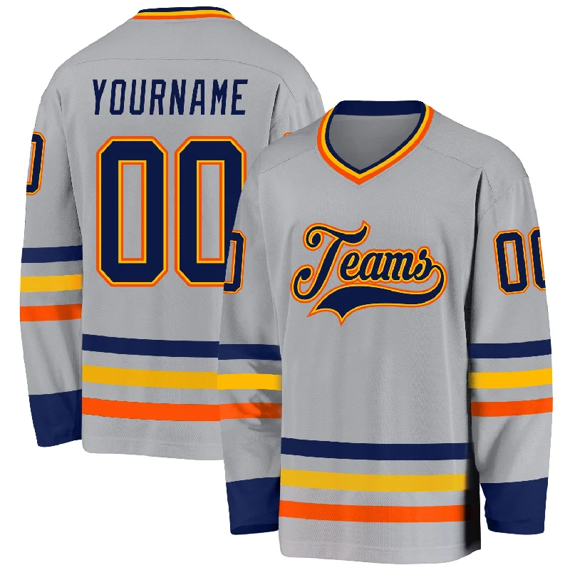 Hockey Jerseys for Ice Hockey and Street Hockey-Custom Gray Navy Gold-Orange Hockey Jersey