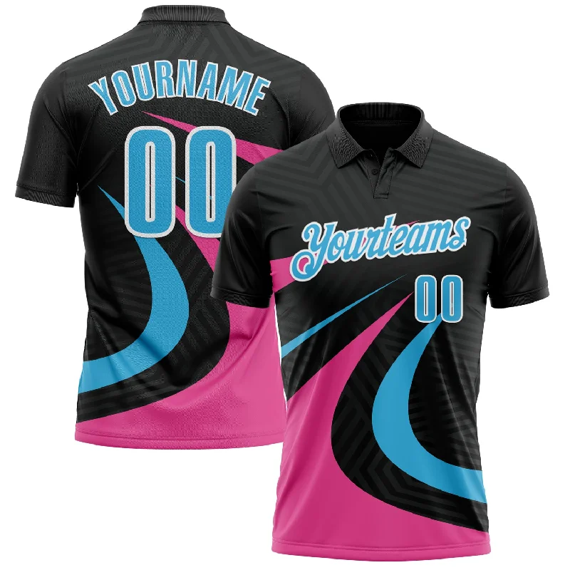 Lightweight Golf Polo Shirts for Warm Weather-Custom Black Sky Blue-Pink 3D Bowling Geometric Shape Performance Polo Shirt